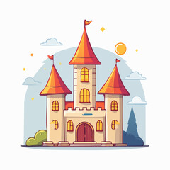 Halloween haunted castle with orange towers vector illustration isolated