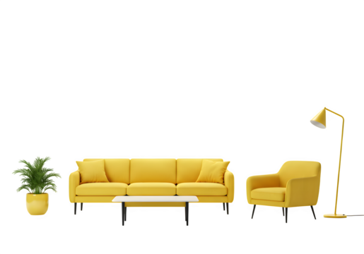 collection of yellow modern furniture items including a sofa, chair, planter, table, lamp isolated on white or a transparent background for interior design, PNG format.