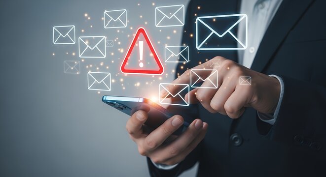 Close up of hands holding a smartphone with digital email icons and a red warning symbol appearing technology notification communication alert danger mobile