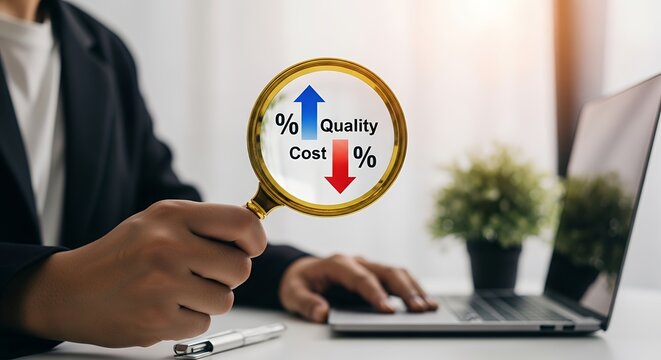 Magnifying glass over percentage signs indicating rising quality and decreasing cost with a person using a laptop in the background growth decline increase - Powered by Adobe