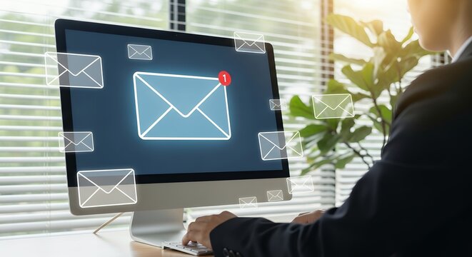 Person in suit using a computer with email notifications appearing on screen surrounded by flying envelope icons Message Digital Communication Technology