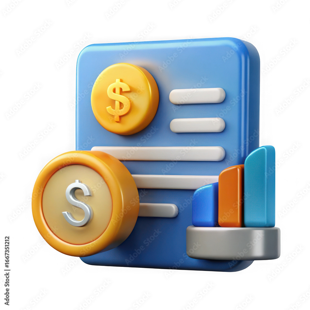 Poster 3d financial report with coins and bar chart isolated on transparent background