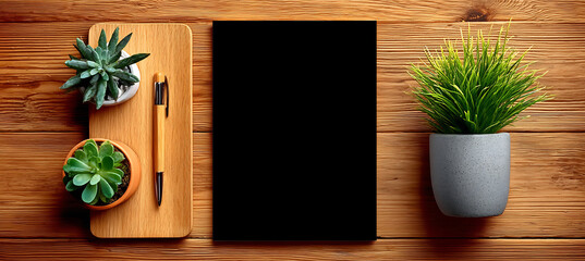 Flat lay stationery office desk mockup with succulent pen paper and stamp on wood background top view mockup 