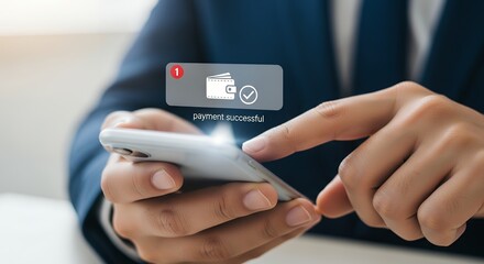 Person holding a smartphone displaying a notification of successful payment with a wallet icon and checkmark Mobile Money Transaction Digital Online Finance