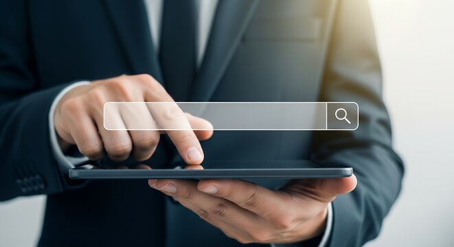 Businessman in a dark suit using a tablet to interact with a search engine interface featuring a magnifying glass icon Internet Technology Computer Online