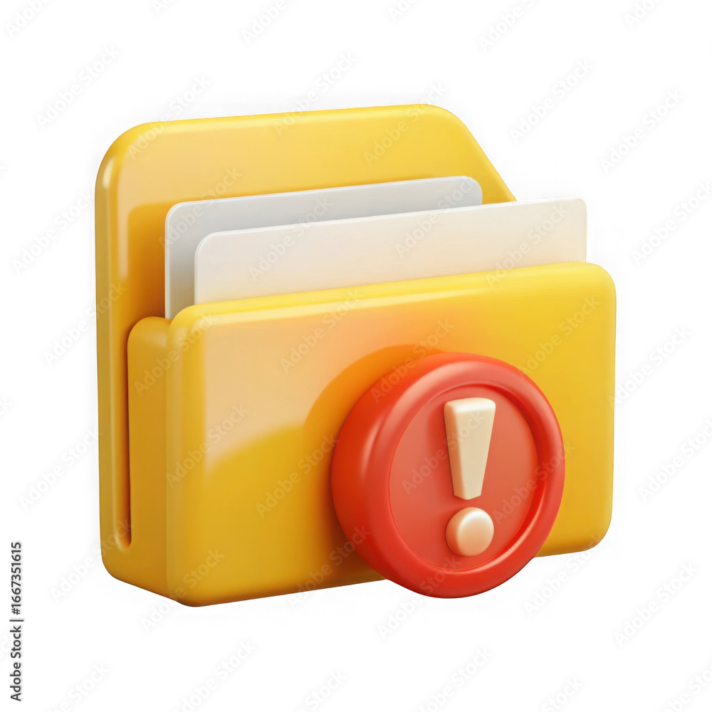 Poster 3d yellow folder with exclamation mark icon isolated on transparent background