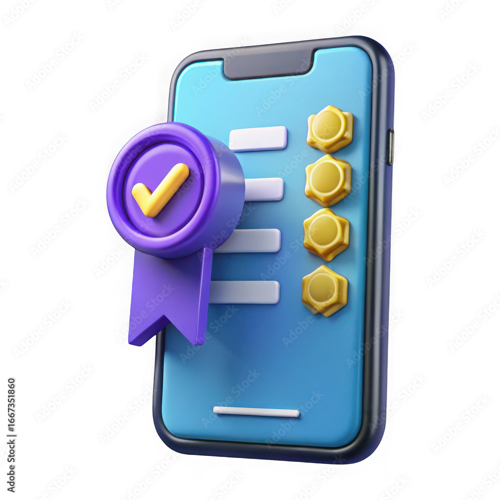Poster 3d mobile app checklist with award ribbon isolated on transparent background isolated on white backg