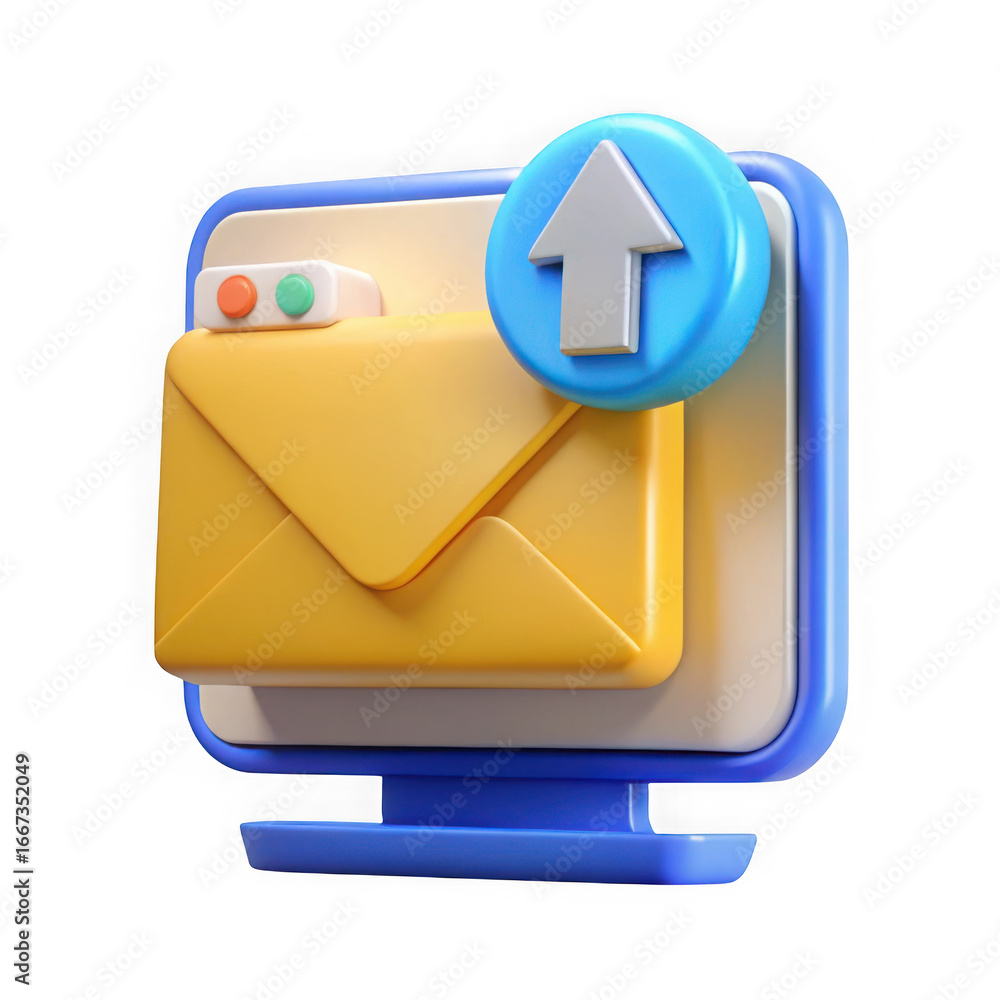 Poster 3d email upload icon on monitor isolated on transparent background isolated on white background