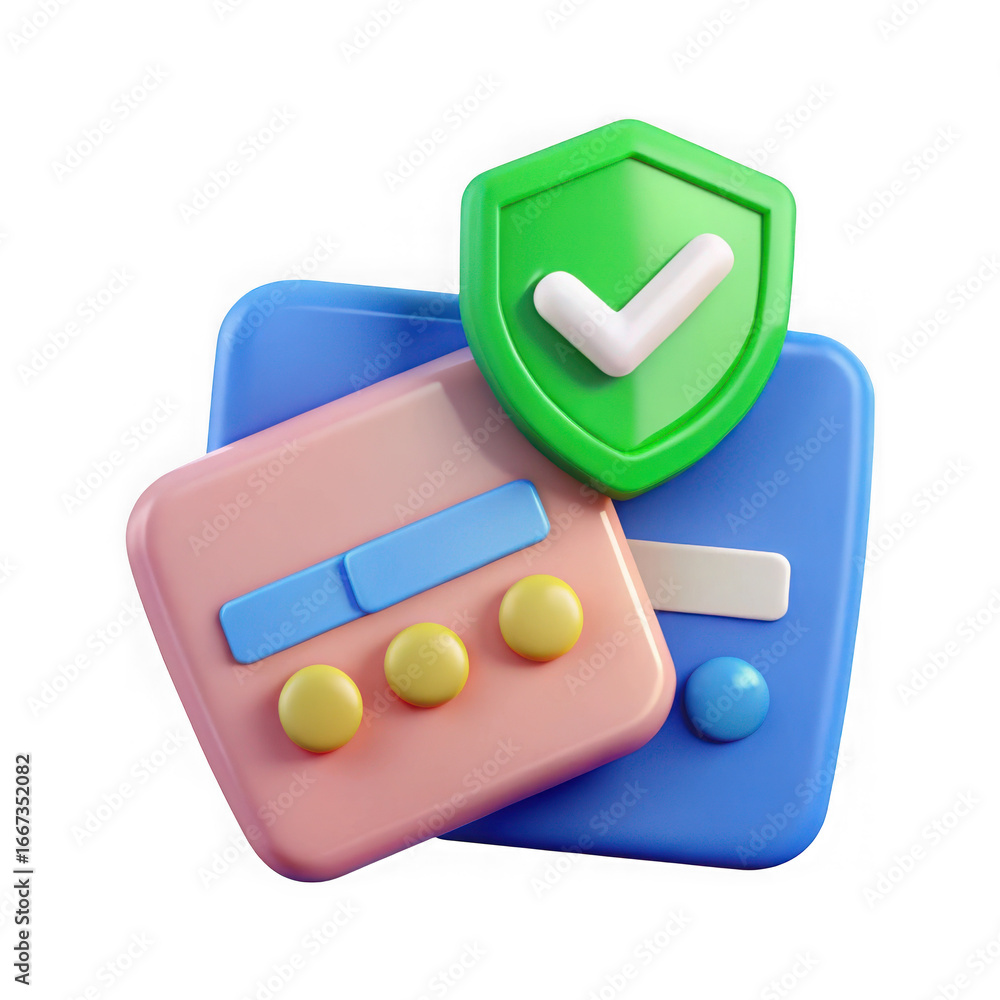 Poster 3d secure credit cards with shield icon isolated on transparent background isolated on white backgro
