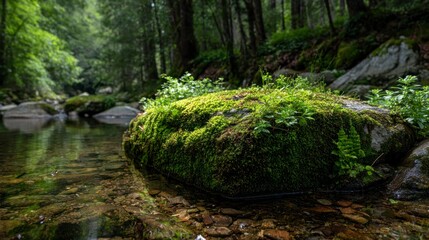 Forest streamside mossy rock