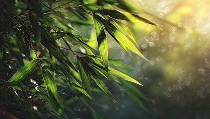 Sunlit Bamboo Leaves, Forest, Dew, Tranquil Nature, Background