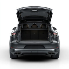 Rear view of an open black luxury suv trunk isolated on white background