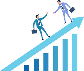Fototapeta premium A businessman helps a colleague climb a growth arrow above a bar chart, symbolizing teamwork, mentorship, and shared business success