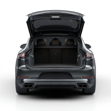 Rear view of an open black luxury suv trunk isolated on white background