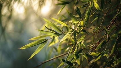 Sunlit Bamboo Leaves, Forest, Golden Hour, Tranquil Scene, Nature Background