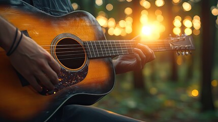 Obraz premium Acoustic guitar melody at sunset evoking emotions and nostalgia in a serene landscape creating a