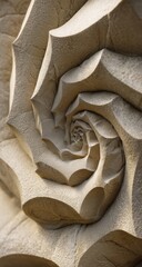 Spiral stone rose carving, building exterior, sunlight, architectural detail, design element