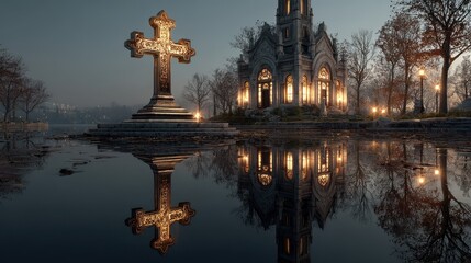 Stunning reflection of a historic church and ornate cross at dawn by the water's edge with a serene atmosphere