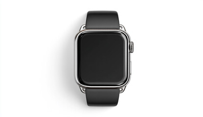 Modern smartwatch with black strap and silver casing isolated on white background