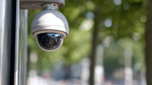 Surveillance Camera Attachment in Urban Environment Surrounded by Lush Greenery and Blurred Background