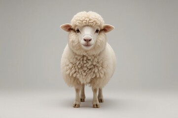 Fototapeta premium Fluffy sheep posing studio, grey background, farm animal portrait