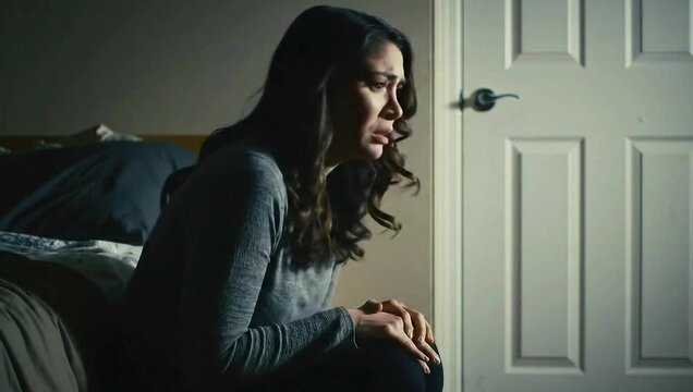 Sad woman crying alone in bedroom concept of depression anxiety and mental health with grief pain sorrow video with the theme of violence against women.