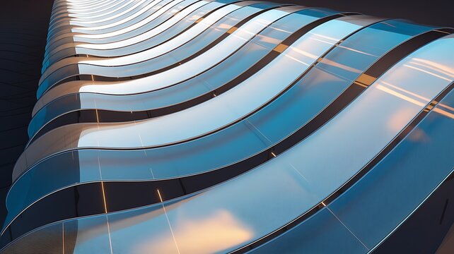 Abstract dark blue 3d background with glass transparent triangle plates row. Crystal light curve wave line pattern. Neon black bg, data array, graphic design digital technology render. 3D illustration