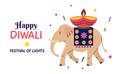 Happy Diwali card poster background banner with diya and elephant