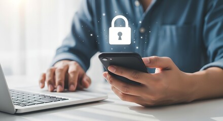 Person holding smartphone with digital padlock icon above next to laptop digital security online privacy data protection cybersecurity secure connection