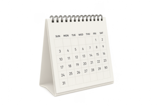 Blank desktop calendar showing a full month on transparent background
