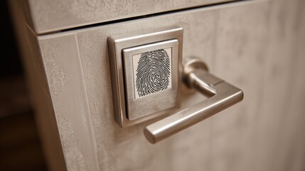 Close-Up View of Stylish Fingerprint Door Lock on Modern Cabinet with Elegant Design and Metallic Finish