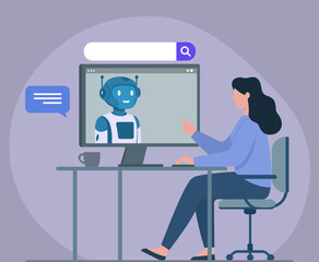 A woman interacts with an AI chatbot on her computer for virtual assistance, illustrating modern customer support and search technology