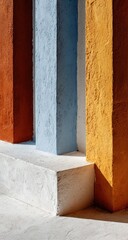 Colorful pillars, sunlit step, modern building, minimalist background, architectural design