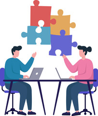 A team collaborates, connecting puzzle pieces to find a solution. This flat vector illustration represents teamwork, partnership, and problem-solving