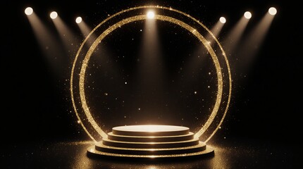 golden podium product display with sparkling glitter effects | product display, event background, luxury event, awards ceremony, product showcase theme