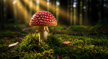 Amanita muscaria mushroom in a forest with sunlight shining through the trees