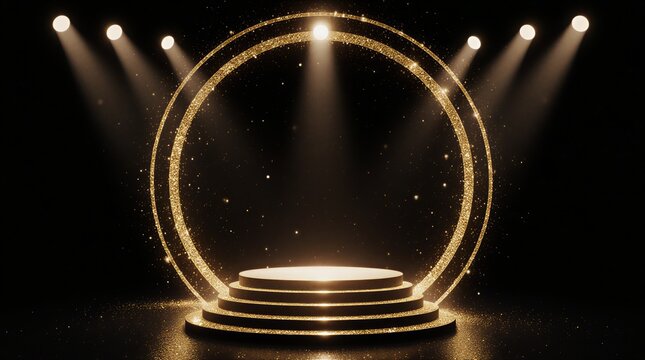 golden podium product display with sparkling glitter effects | product display, event background, luxury event, awards ceremony, product showcase theme
