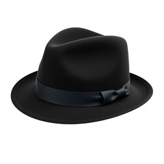 Classic black felt fedora hat with ribbon isolated on white or transparent, PNG