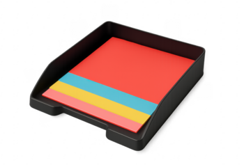 Black desk organizer holding colorful sticky notes on transparent background