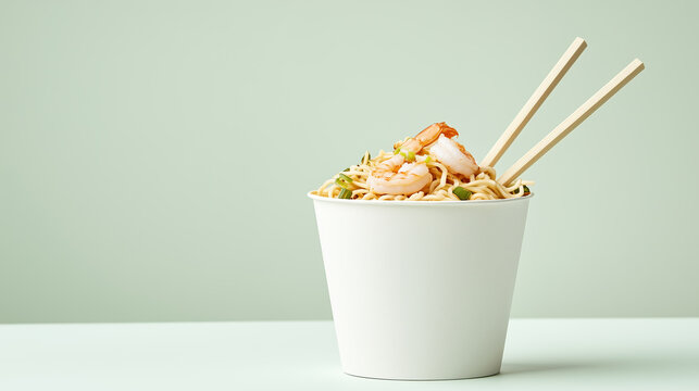 Mockup of white cardboard cup with space for text with asian food udon with shrimp and wooden chopsticks inside on pale background. Food delivery in eco-friendly paper or cardboard packaging.