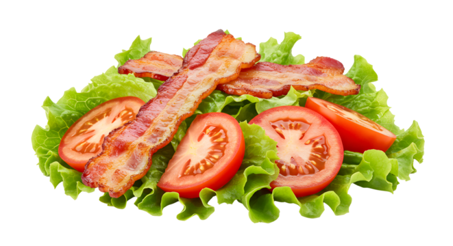 Bacon strips and tomato slices on lettuce on transparent background - Powered by Adobe