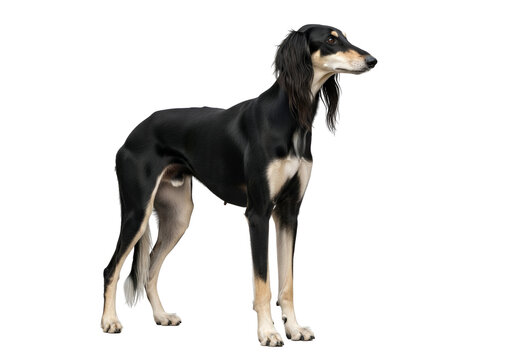 A sleek Saluki dog stands alert against a black backdrop, showcasing its elegant form and posture.