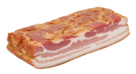 Block of bacon with visible layers of fat and meat on transparent background