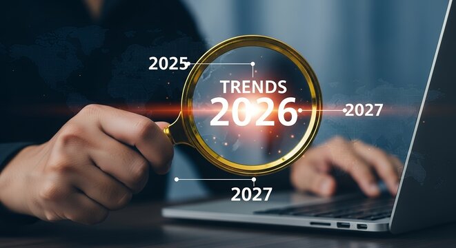 Person's hand holding a magnifying glass over the word TRENDS and numbers 2025 2026 2027 with a laptop and world map in background Future Analysis Research