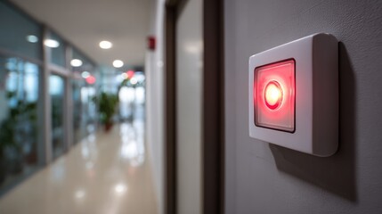 Red Emergency Light Switch in Modern Office Corridor Indicating Alert Status and Emergency Preparedness