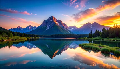 Majestic mountain lake at sunrise