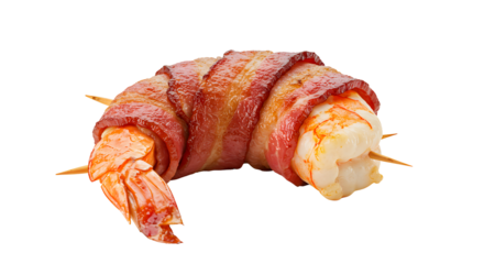 Close-up of bacon-wrapped shrimp on skewers on transparent background