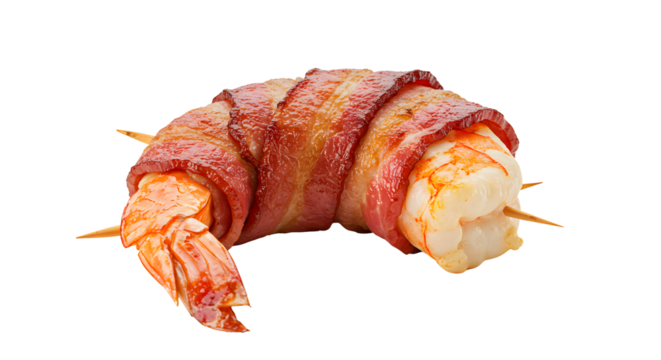 Close-up of bacon-wrapped shrimp on skewers on transparent background