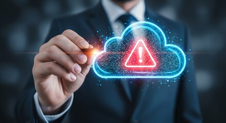 A businessman in a suit interacts with a glowing digital cloud displaying a red warning triangle and exclamation mark icon signifying data alert or security breach