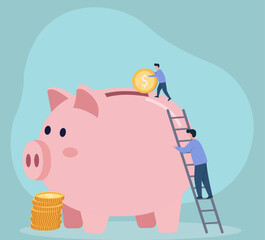 A flat vector illustration showing teamwork and effort in saving money. Two people collaborate to deposit a large coin into a giant piggy bank for future wealth